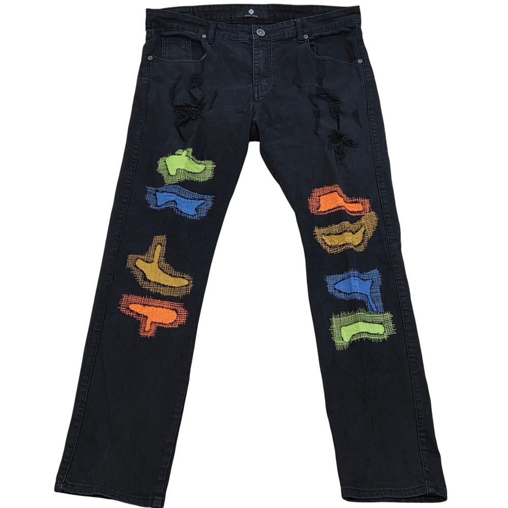 Focus Jeans Black‎ Distressed Patchwork Denim Jeans Mens 40W 32L